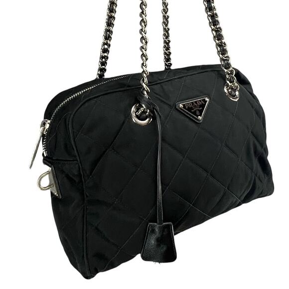 Prada Tessuto Impuntu Shoulder Bag Black Quilted Nylon Chain Leather Strap - Picture 3 of 16